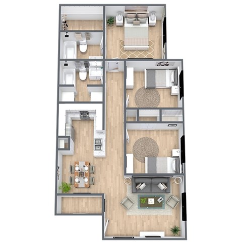 Floor plan for 3 beds, 2 baths, 1100 sqft